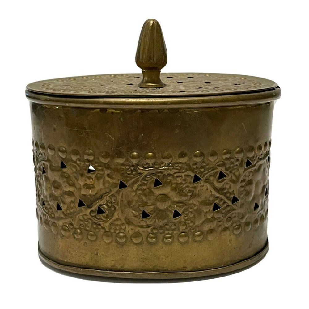 Vintage Solid brass container with ornate design Lidded Box Oval Floral Cut Outs